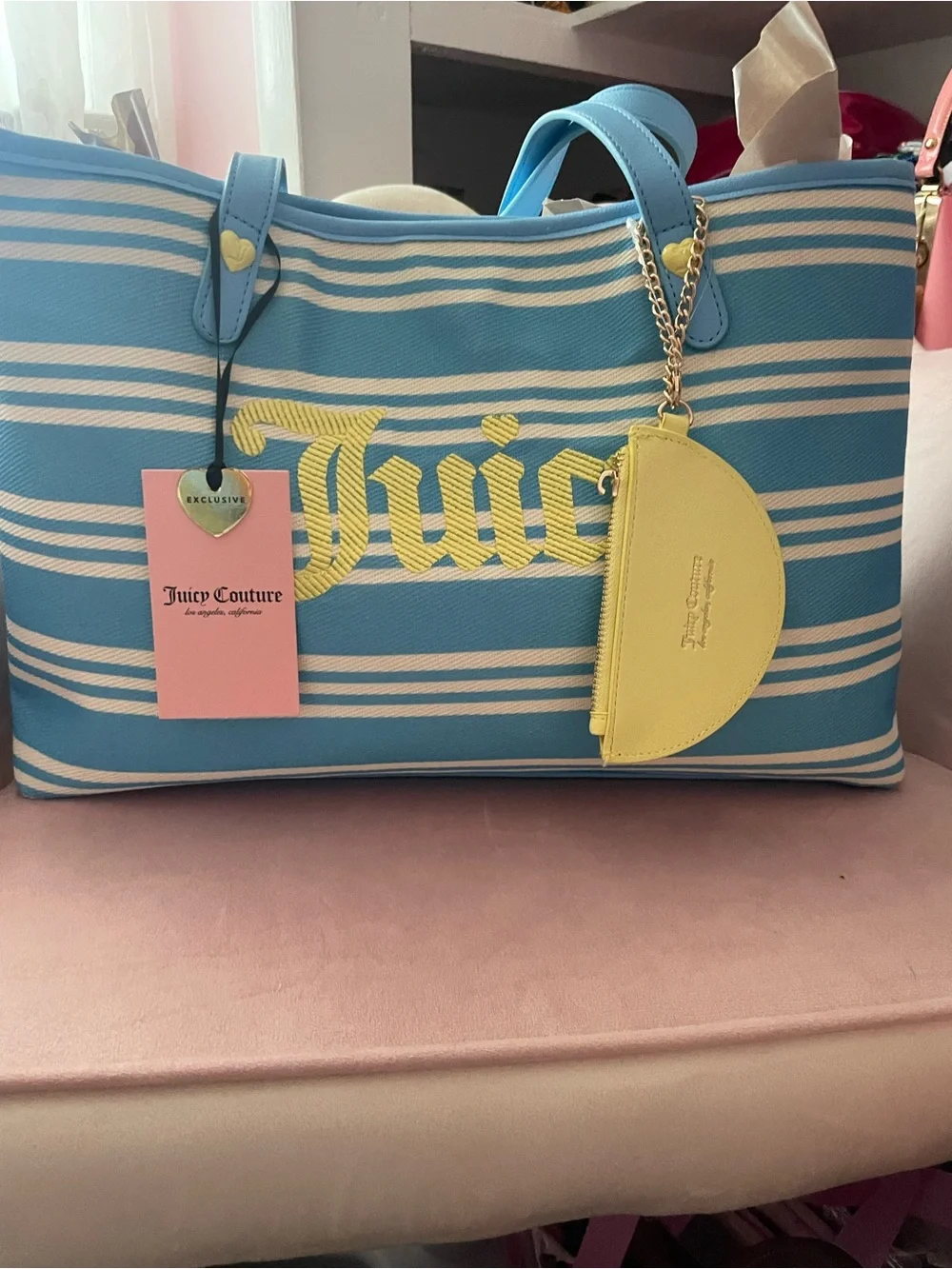 Juicy Couture Blue and Yellow Striped Tote with Yellow Coin Pouch